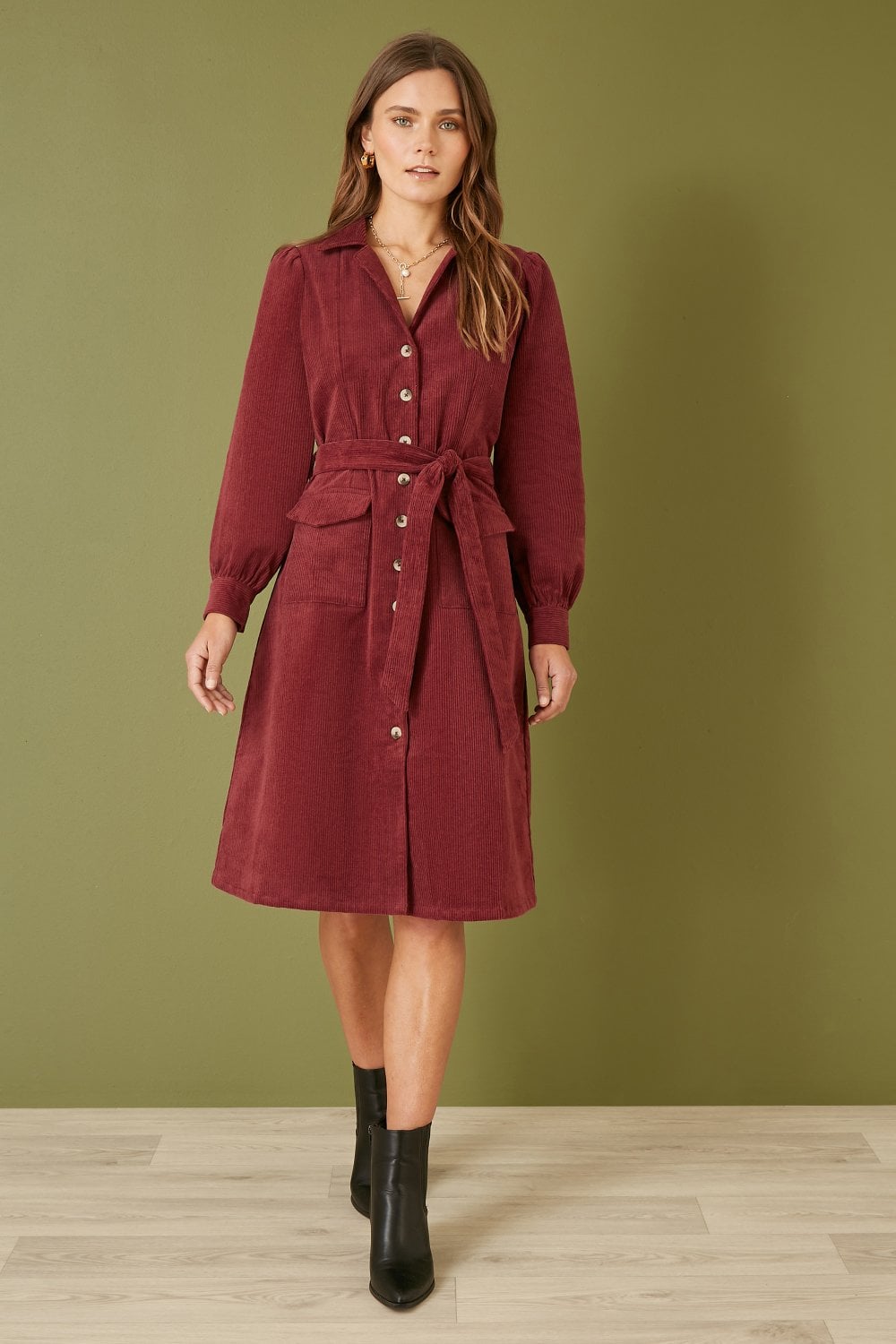 Yumi Burgundy Cord Midi Shirt Dress