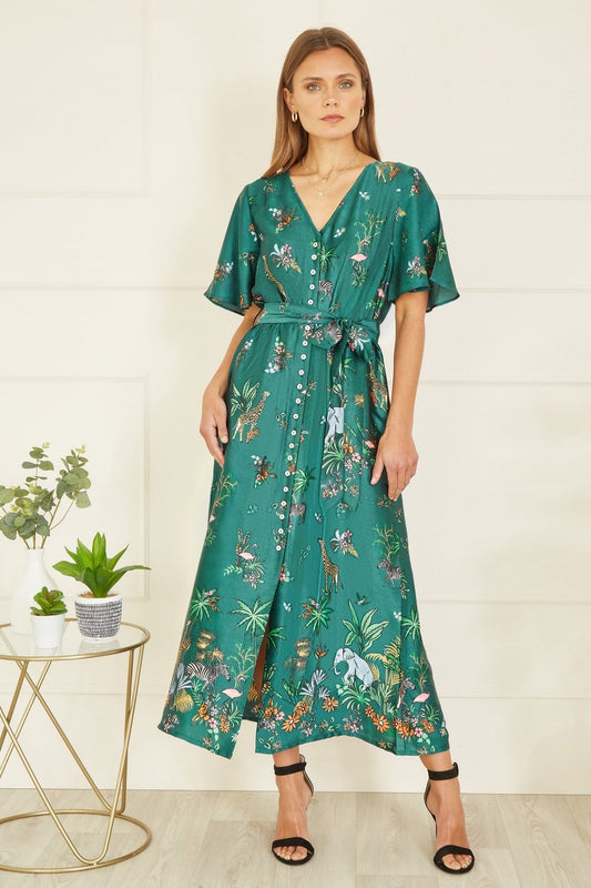 Yumi Green Satin Animal Safari Print Midi Shirt Dress