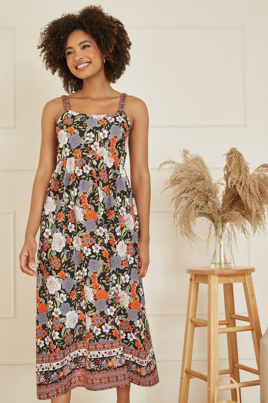 Yumi Multicolour Retro Floral Print Midi Sun Dress With Border Hem