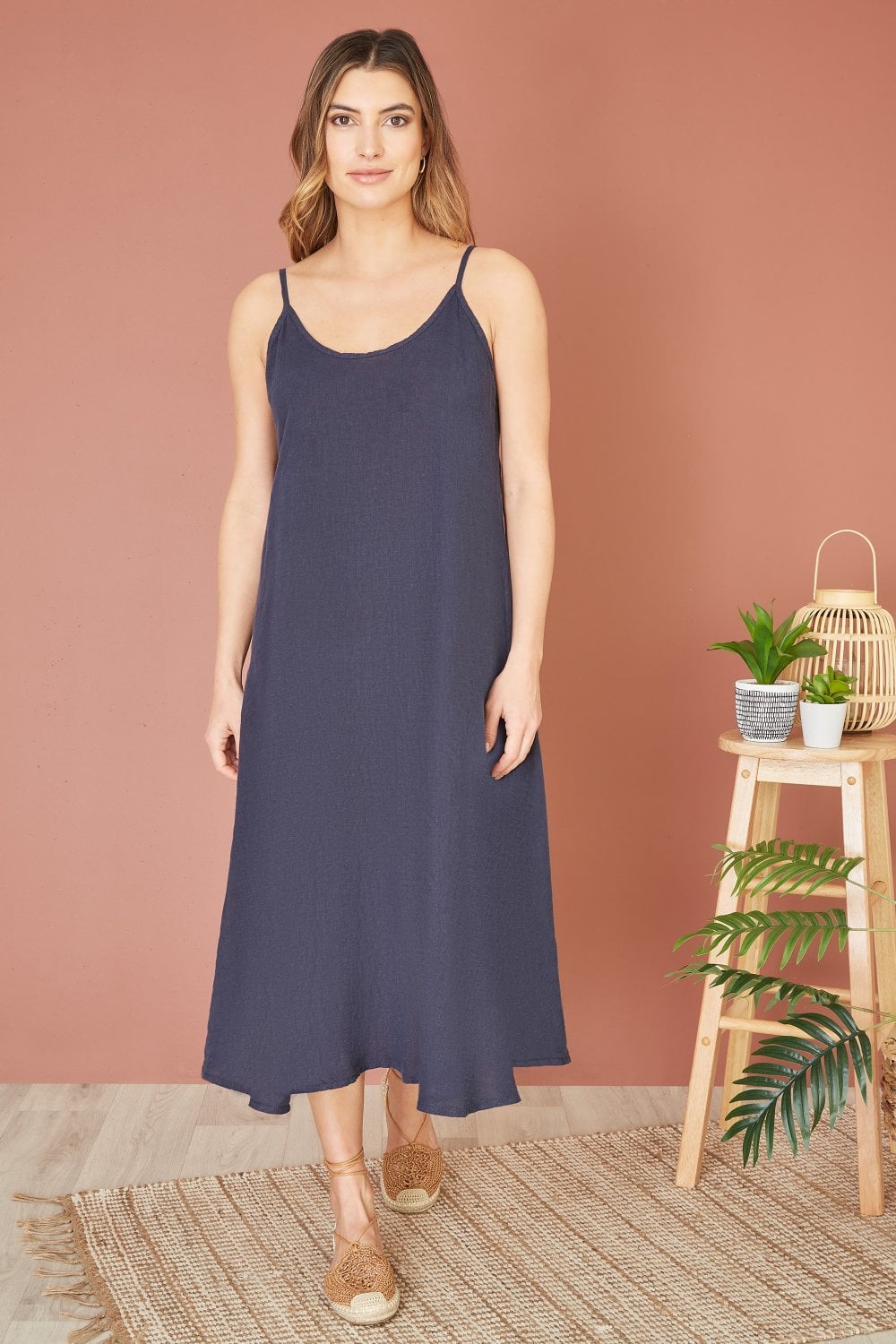 Yumi Navy Italian Linen Relaxed Fit Midi Sundress