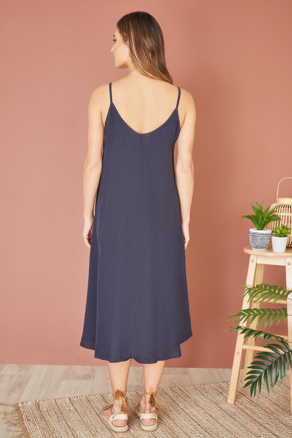 Yumi Navy Italian Linen Relaxed Fit Midi Sundress