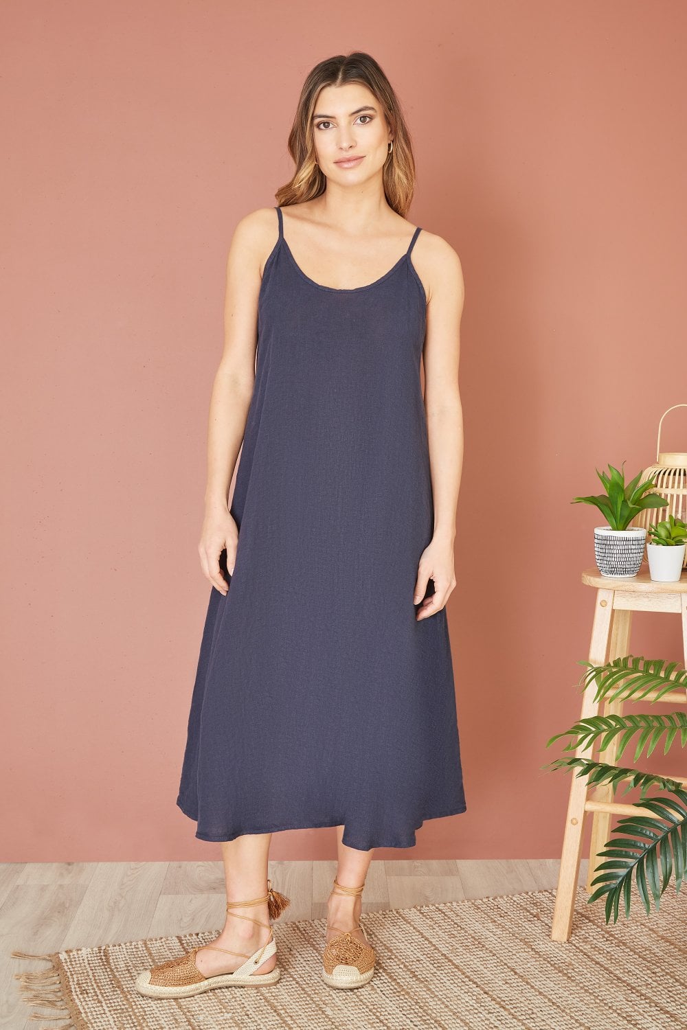Yumi Navy Italian Linen Relaxed Fit Midi Sundress