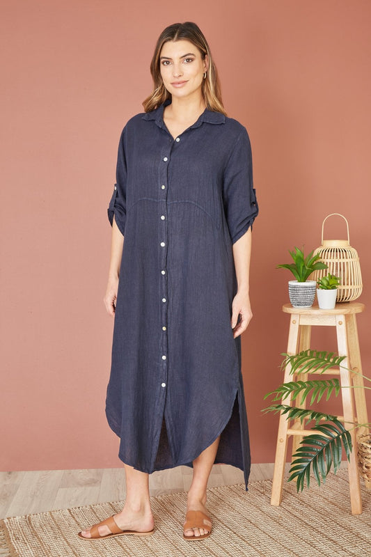 Yumi Navy Italian Linen Relaxed Midi Shirt Dress With Turn up Sleeves