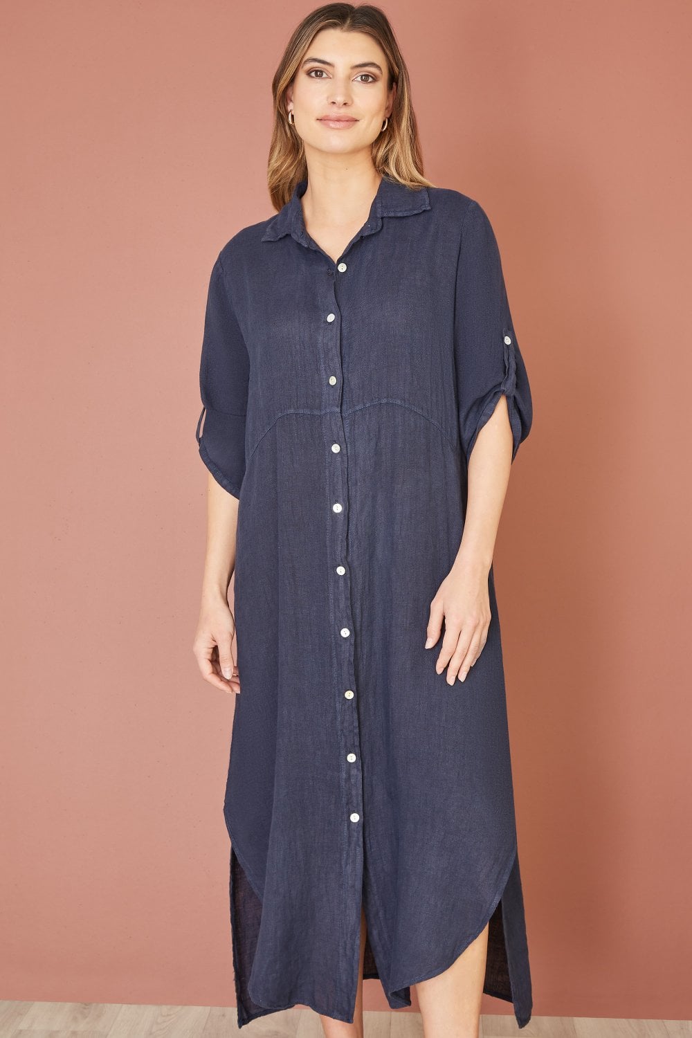 Yumi Navy Italian Linen Relaxed Midi Shirt Dress With Turn up Sleeves