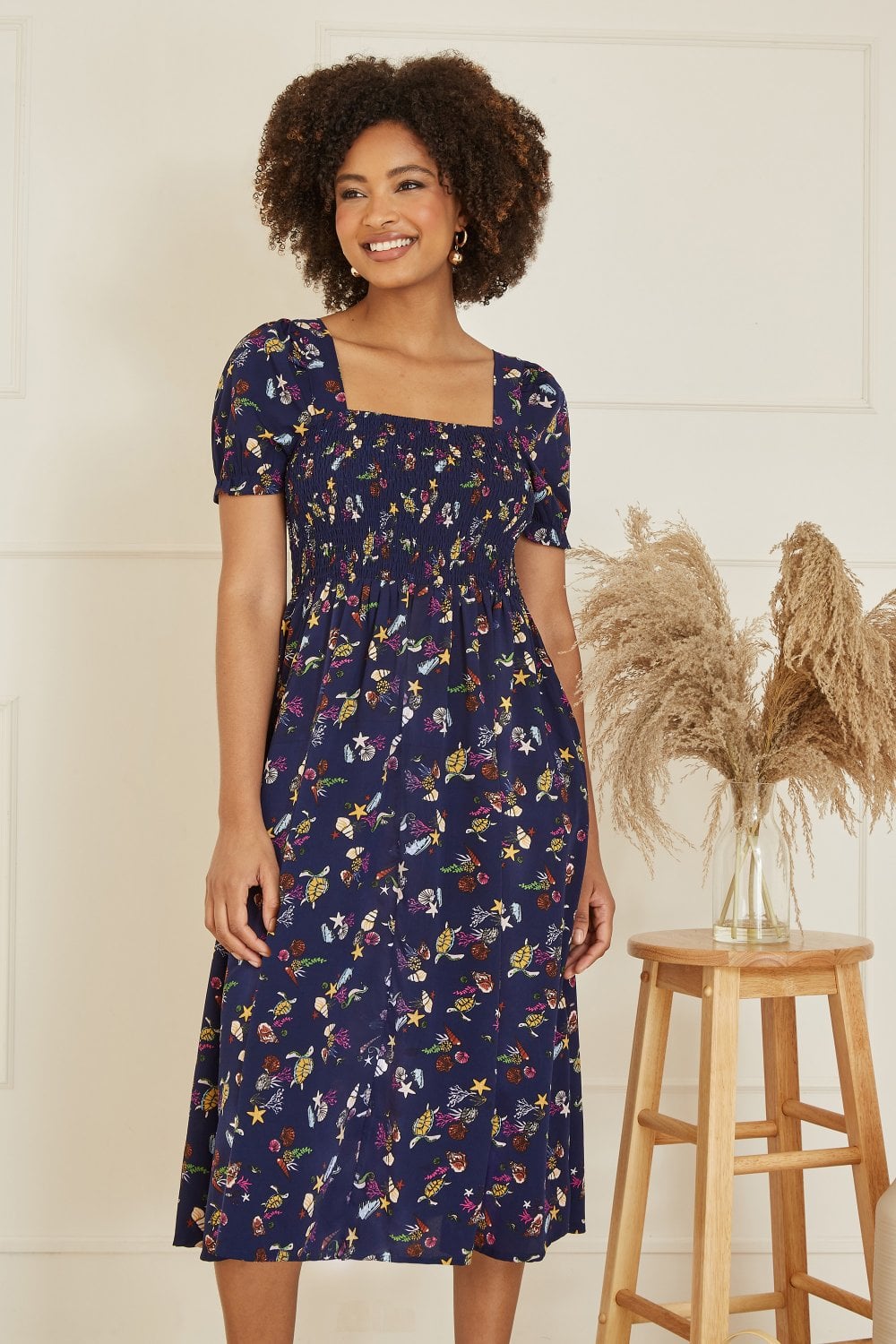 Yumi Navy Recycled Fabric Sealife Midi Dress