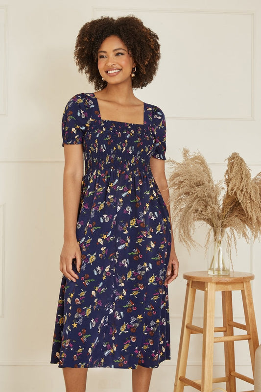 Yumi Navy Recycled Fabric Sealife Midi Dress