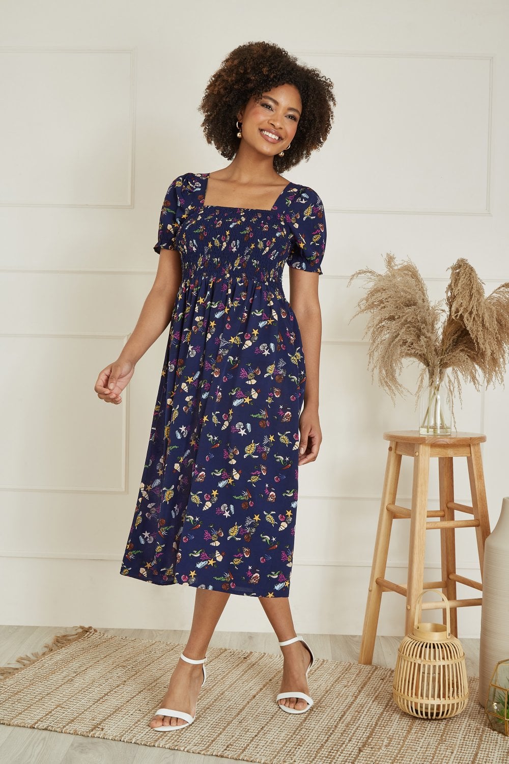Yumi Navy Recycled Fabric Sealife Midi Dress