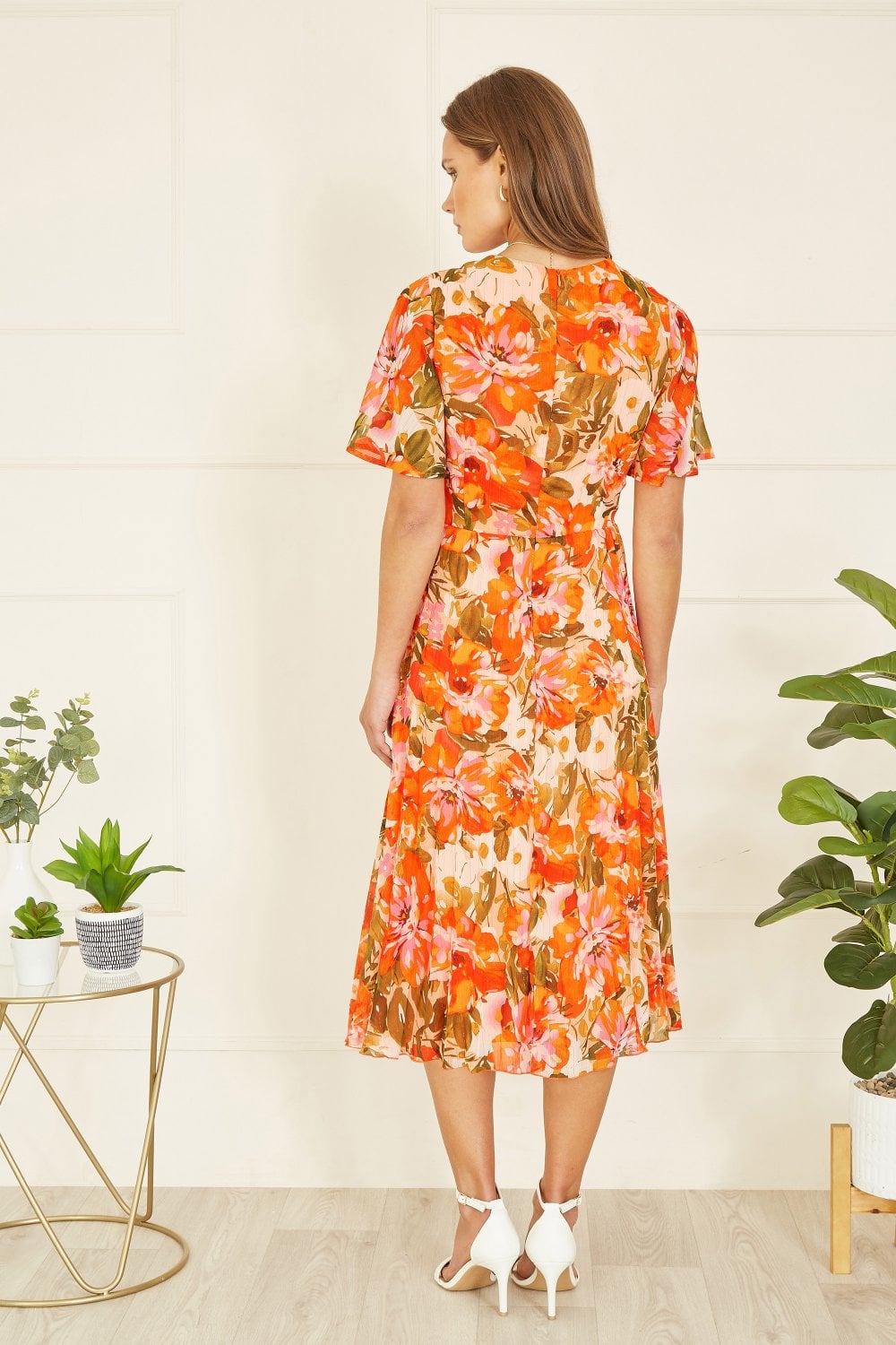 Yumi Orange Floral Midi Wrap Pleated Dress
