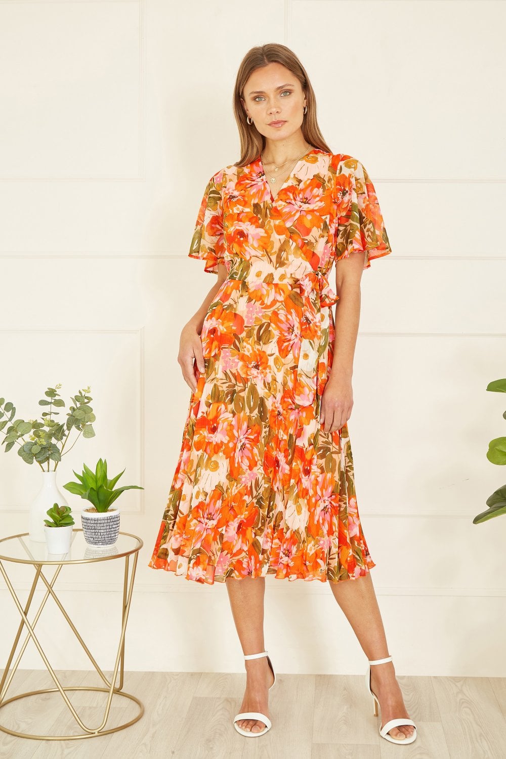 Yumi Orange Floral Midi Wrap Pleated Dress