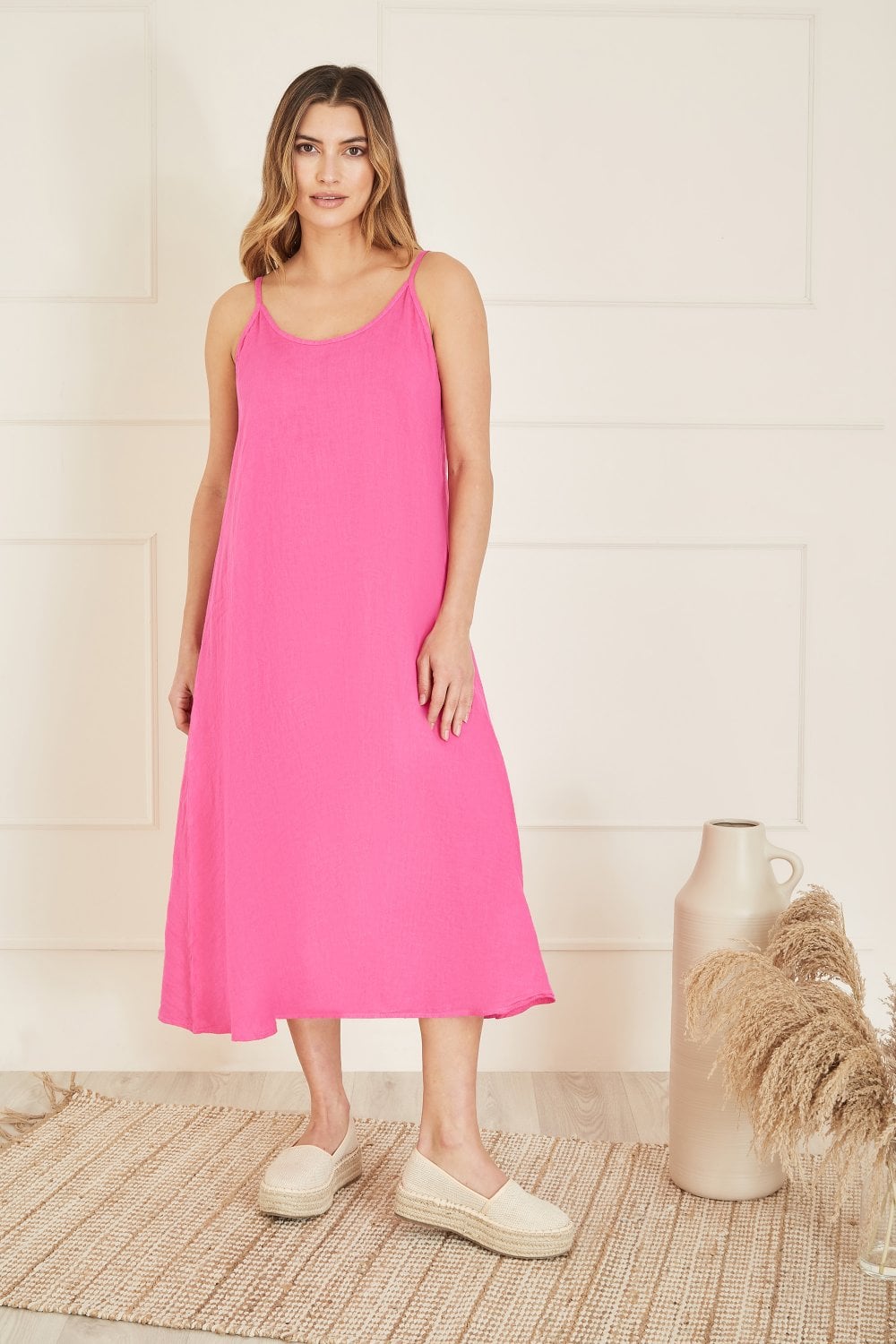Yumi Pink Italian Linen Relaxed Fit Midi Sundress