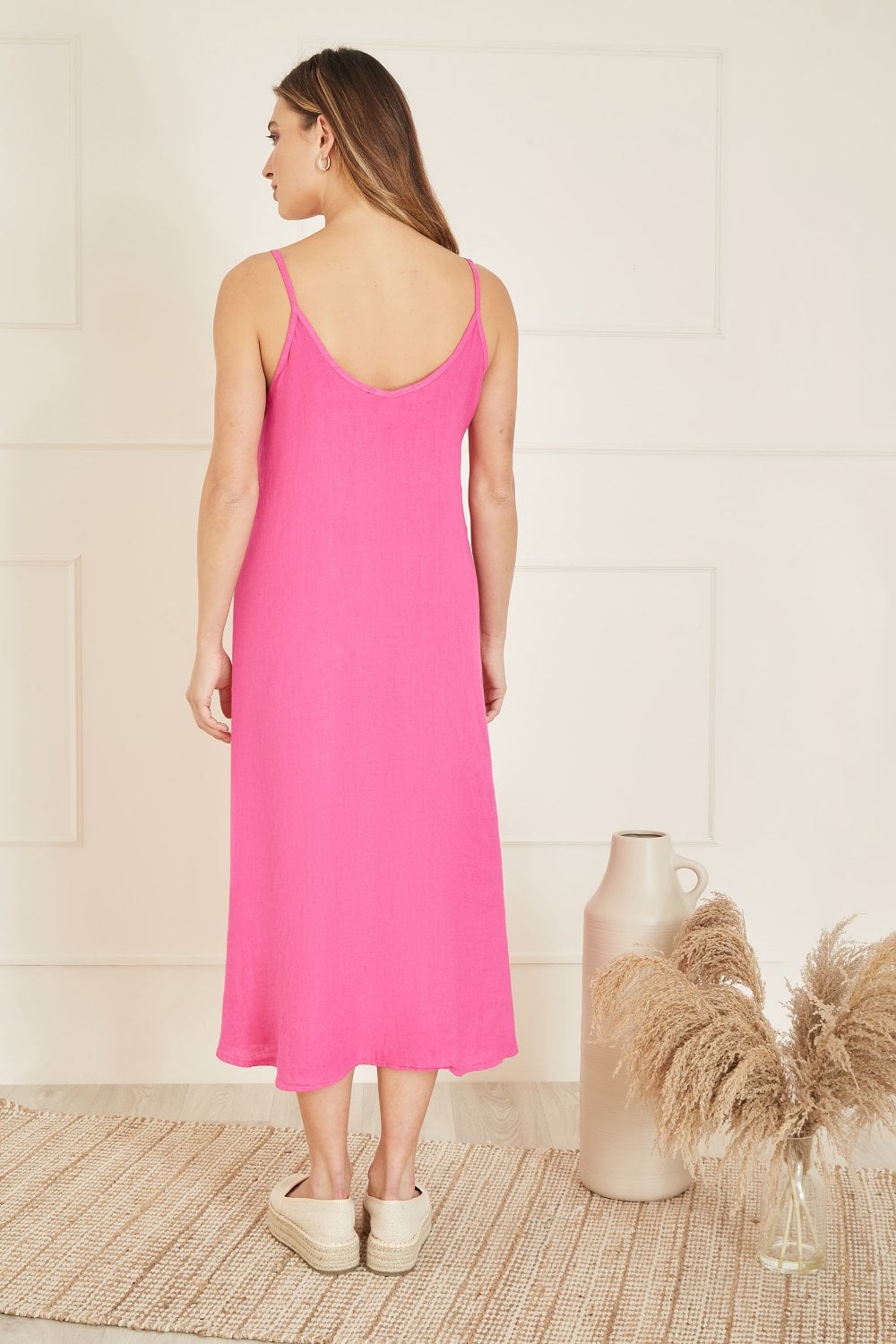 Yumi Pink Italian Linen Relaxed Fit Midi Sundress
