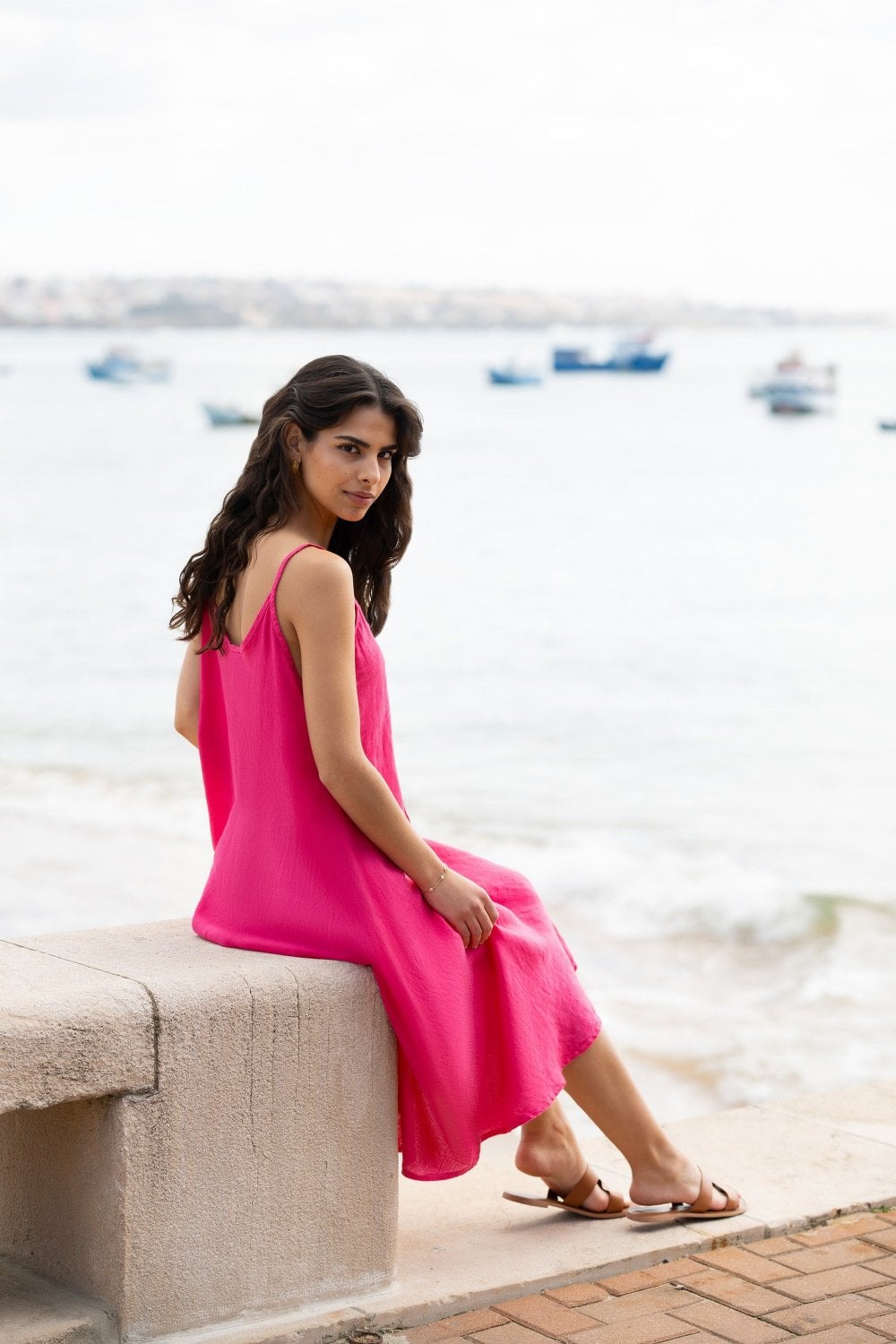 Yumi Pink Italian Linen Relaxed Fit Midi Sundress